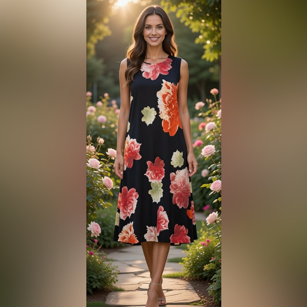 Calvin Klein Black Midi Dress with Pink, Coral and Cream Floral Print